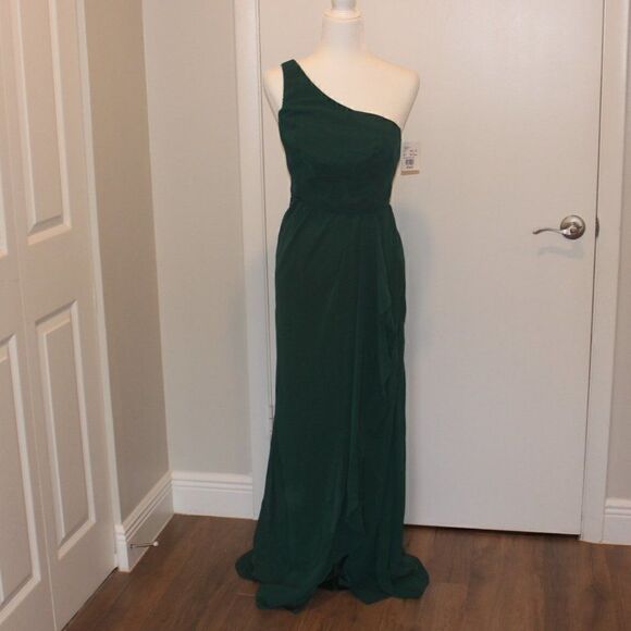 NWT David's Bridal Green One Shoulder chiffon  Maxi long Dress Women Size 6 - Picture 1 of 15